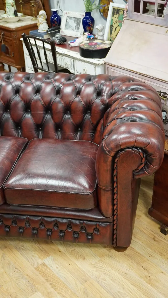 Oxblood Leather Chesterfield Three-Seater Sofa - Image 3