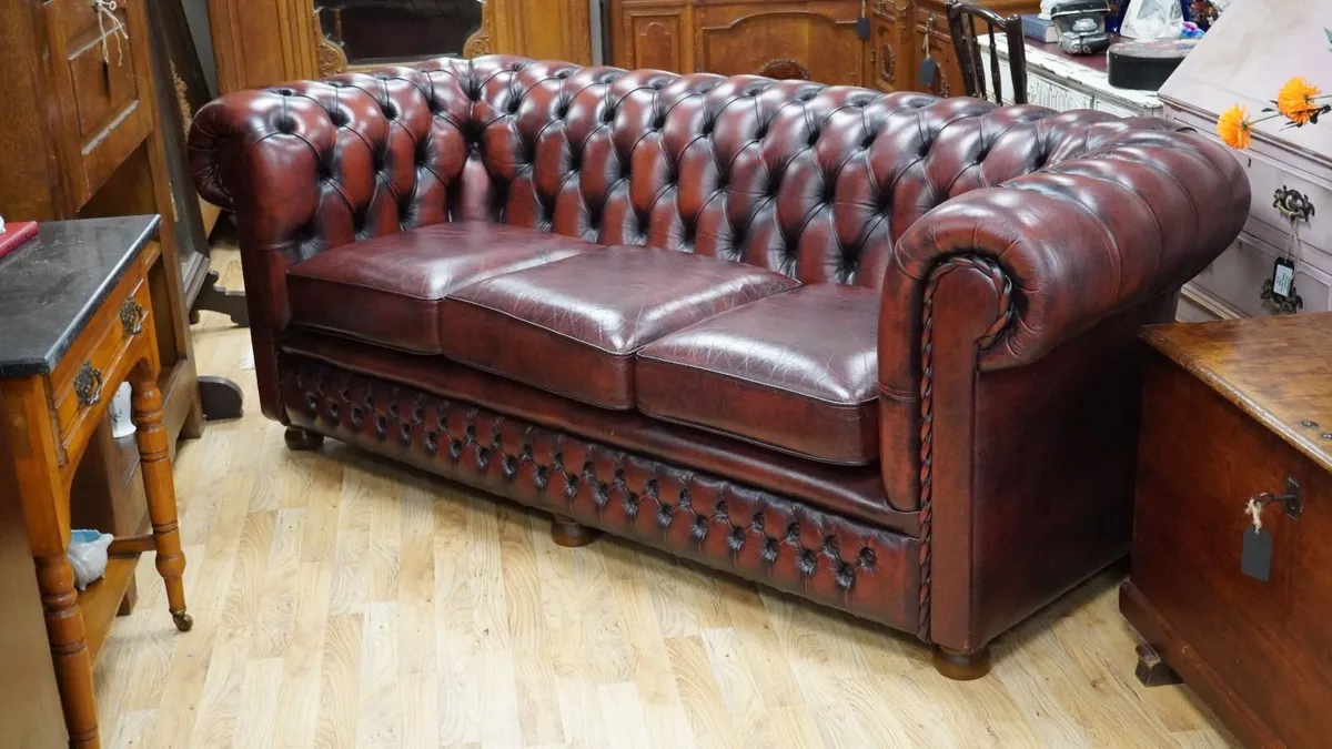 Oxblood Leather Chesterfield Three-Seater Sofa - Image 2