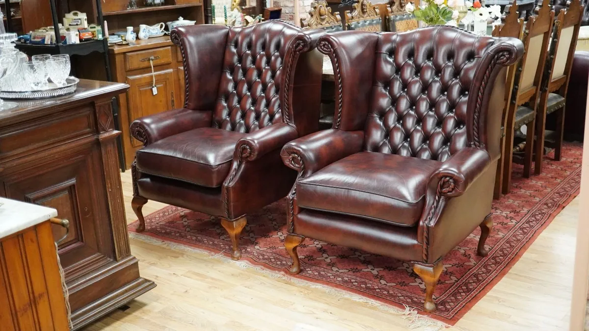 Pair of Oxblood Leather Wingback Armchairs - Image 1