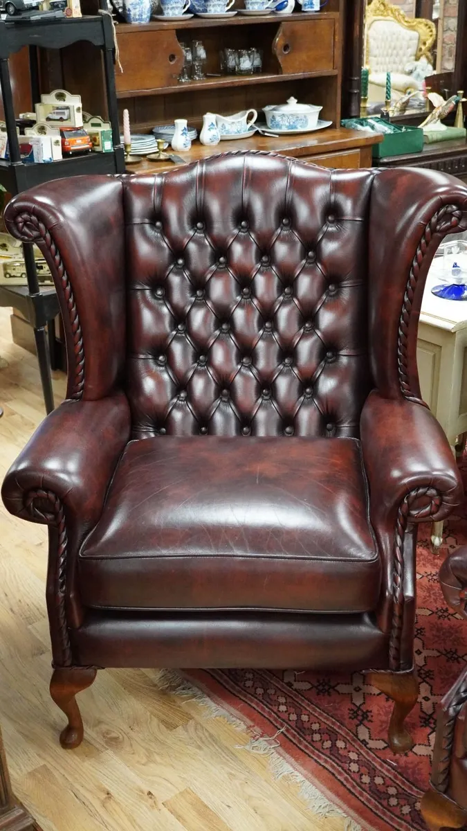 Pair of Oxblood Leather Wingback Armchairs - Image 3