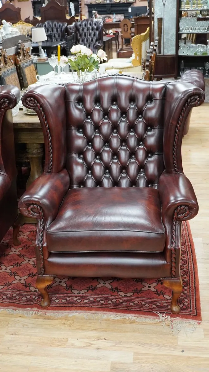 Pair of Oxblood Leather Wingback Armchairs - Image 2