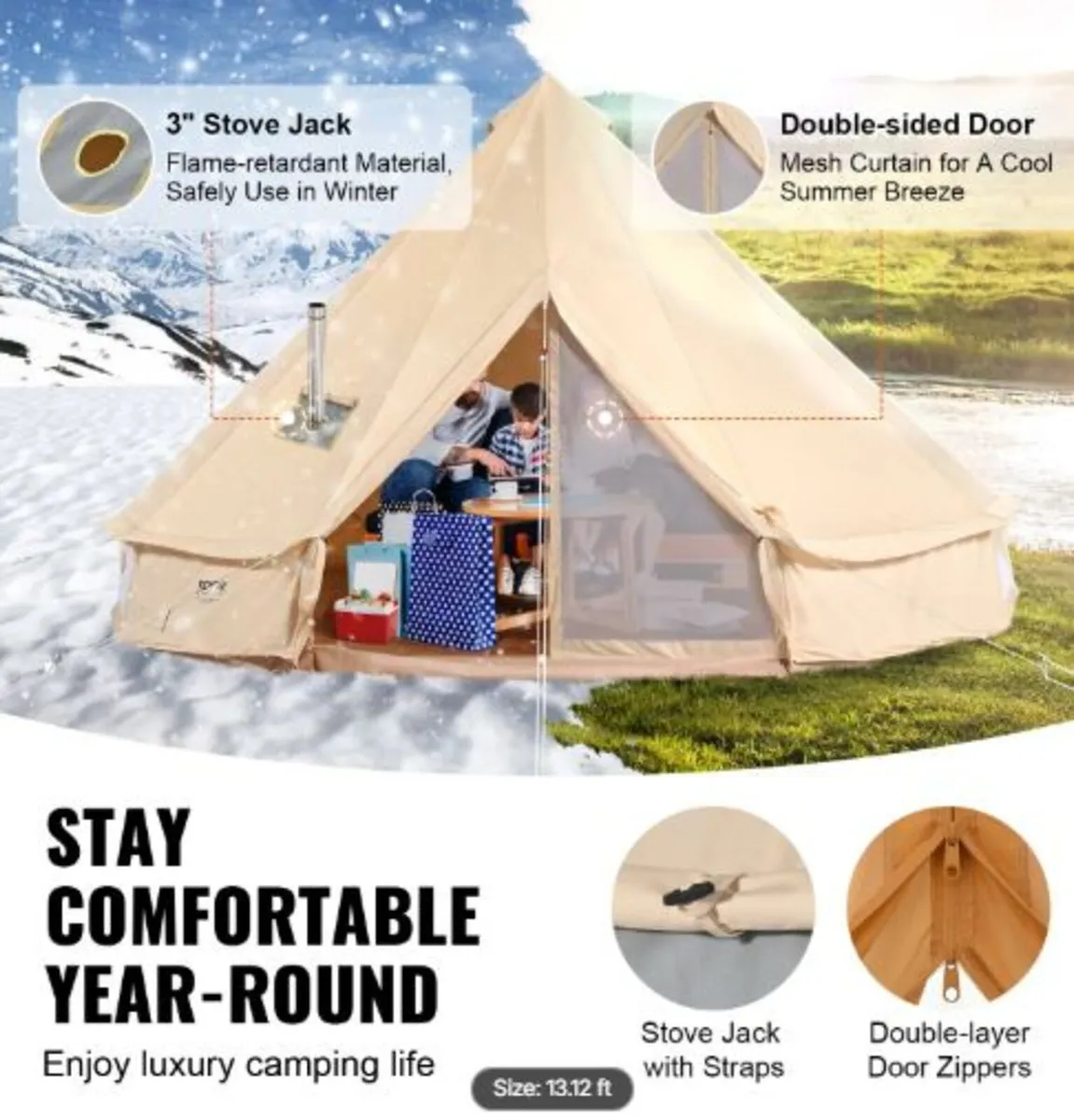 Canvas Bell Tent, 4 Seasons 4 m/13.12 ft Yurt Tent - Image 3