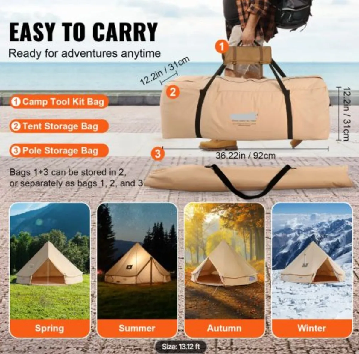 Canvas Bell Tent, 4 Seasons 4 m/13.12 ft Yurt Tent - Image 4
