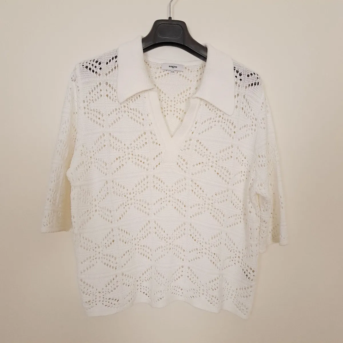 Suncoo White Crochet Knit Polo Top 12UK/40EU - Image 1