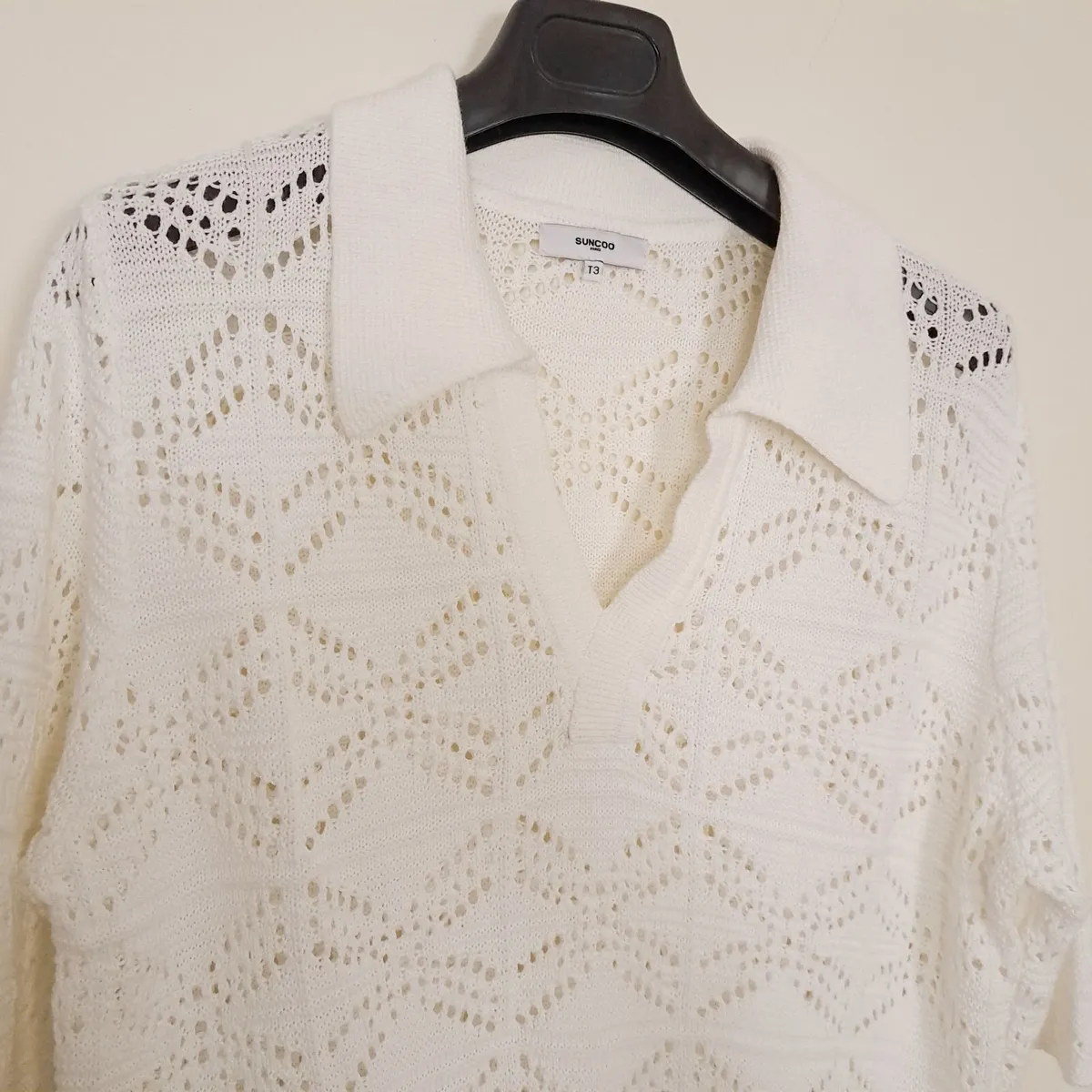 Suncoo White Crochet Knit Polo Top 12UK/40EU - Image 4