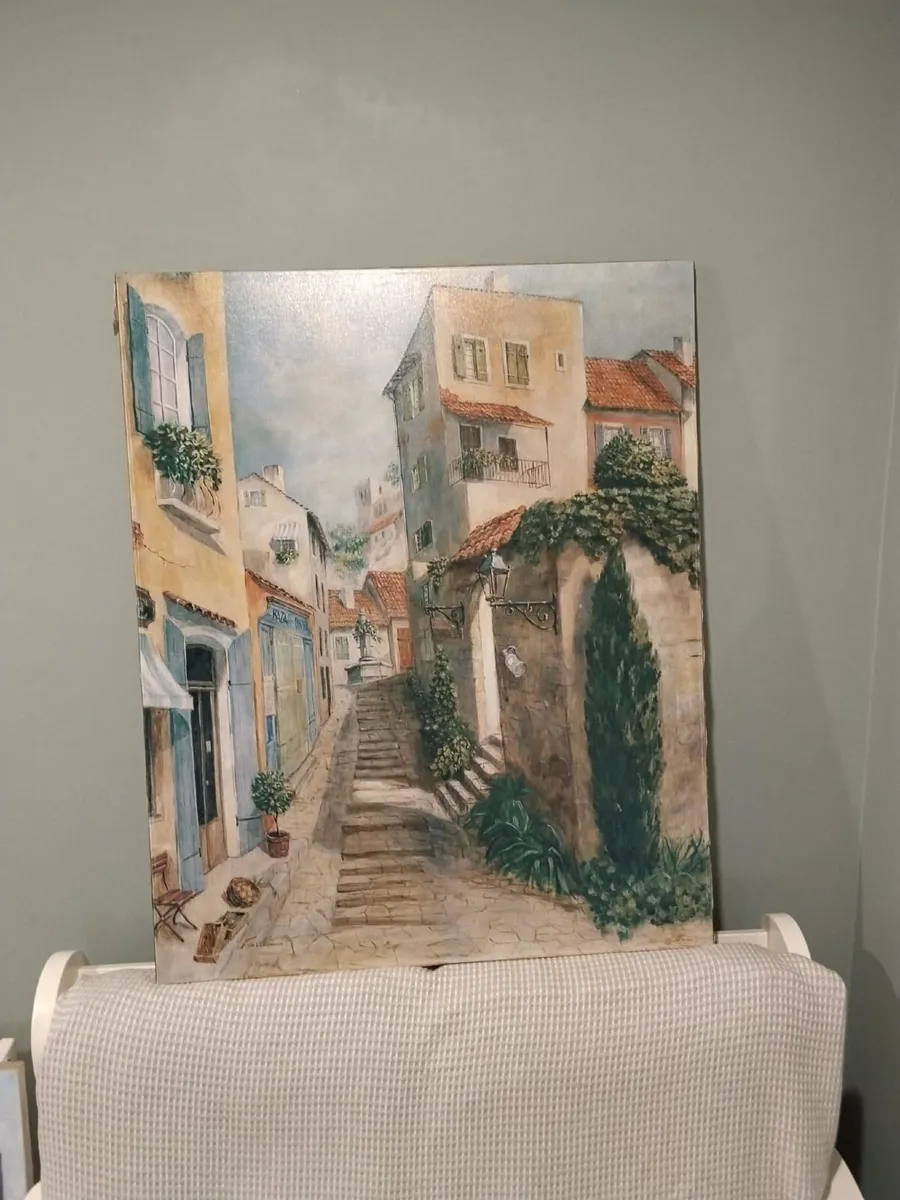 Large Signed Mediterranean Village Landscape - Image 1
