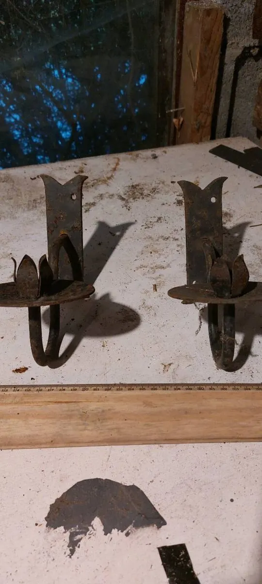 Hand forged matching wall hanging candleholders - Image 1