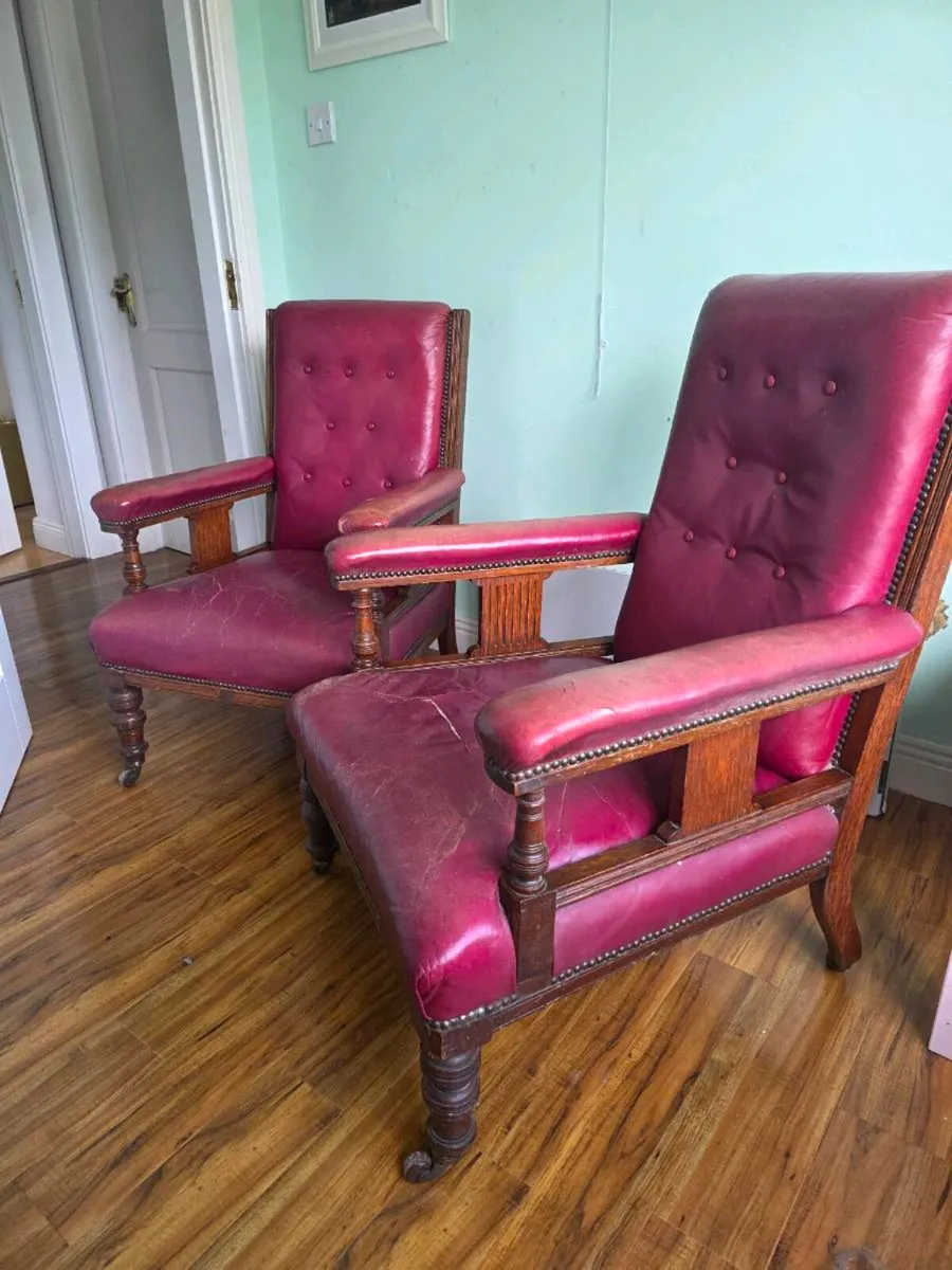 Pair of Antique Leather Library Armchairs - Image 1