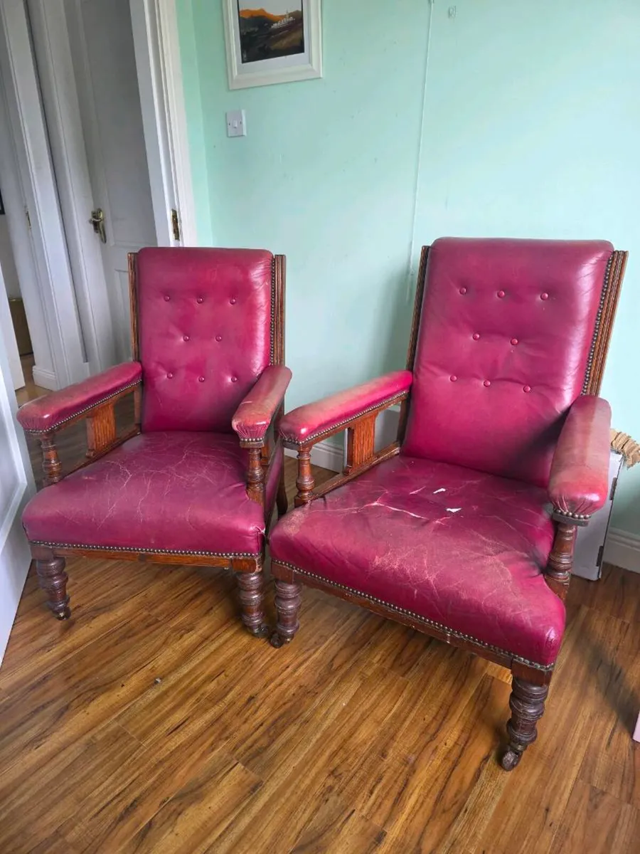 Pair of Antique Leather Library Armchairs - Image 2