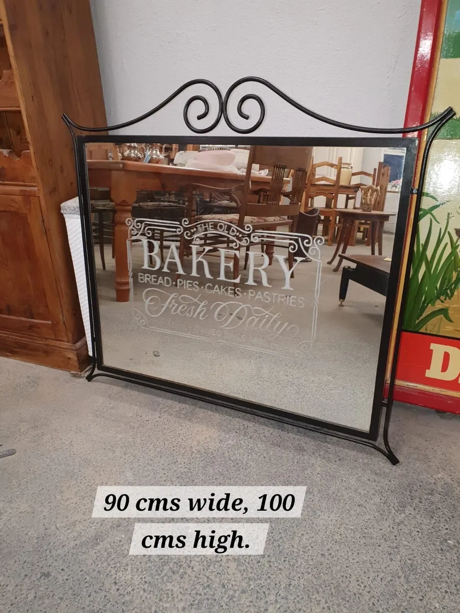 Large vintage wrought iron mirror, bakery etching