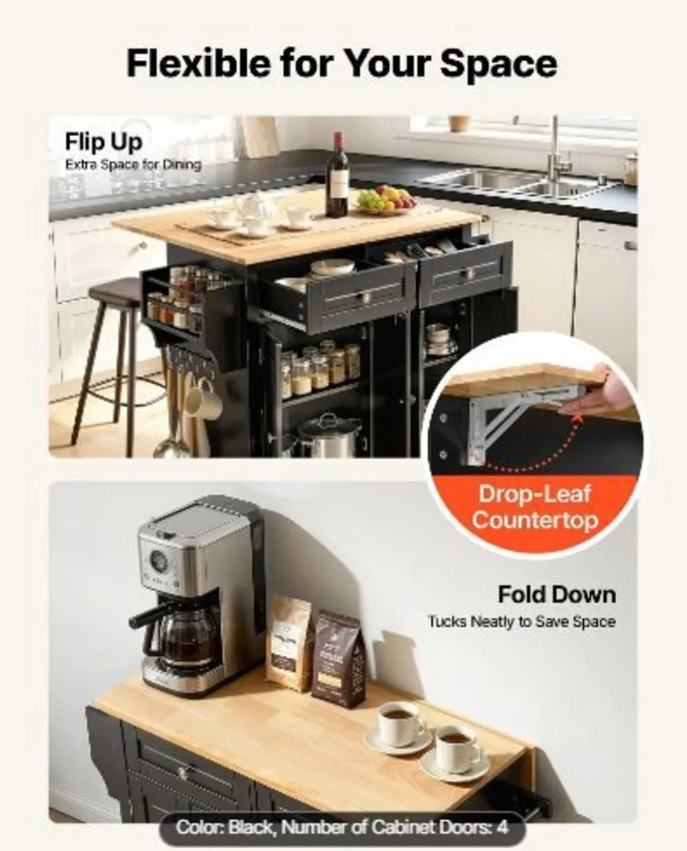 Kitchen Island Cart, 43" Wood Top Mobile - Image 3