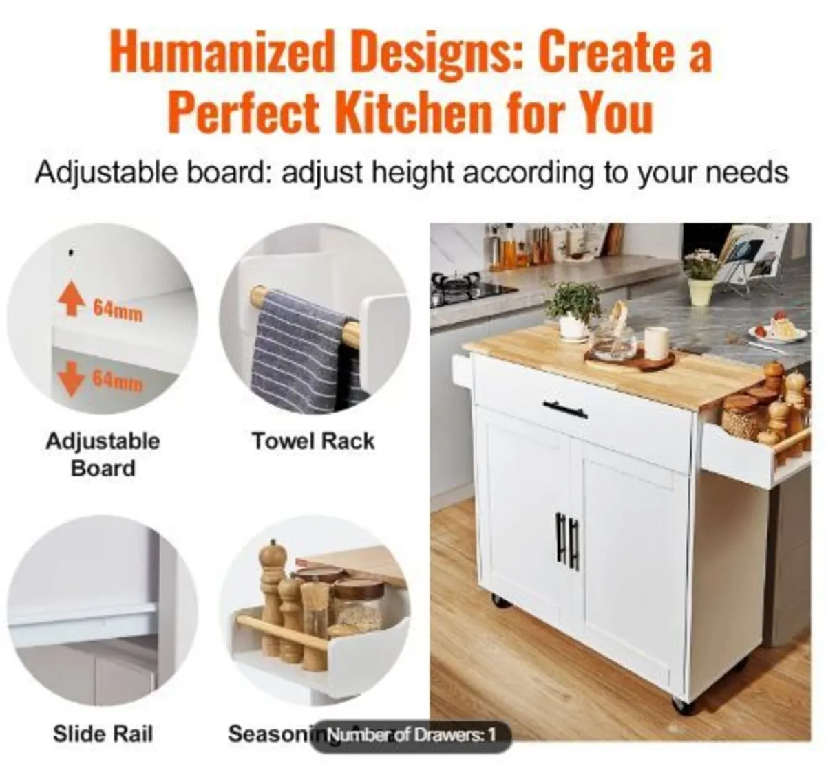 Kitchen Island Cart with Solid Wood - Image 2