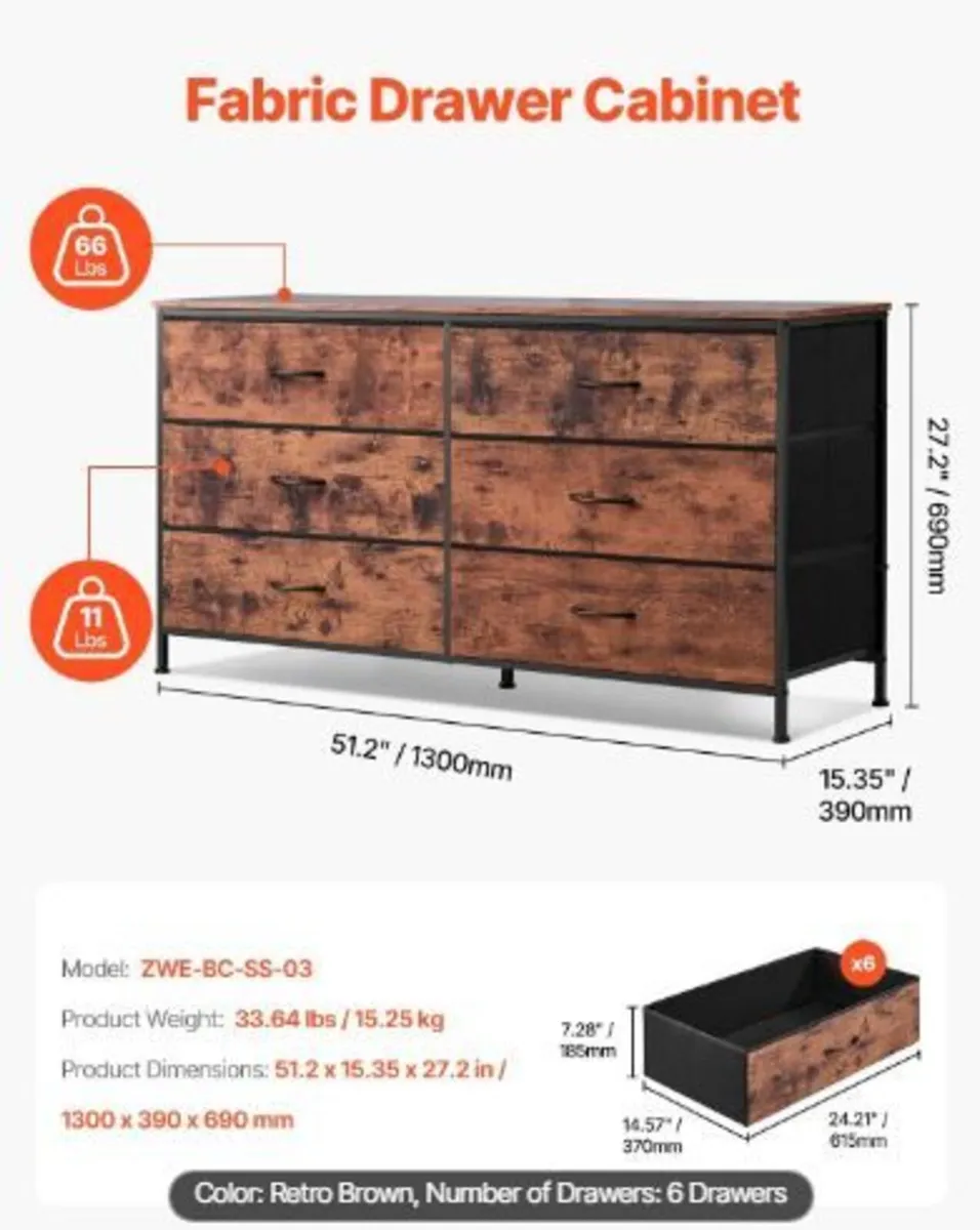 6 Drawer Dresser, Tall Chest Organizer - Image 3