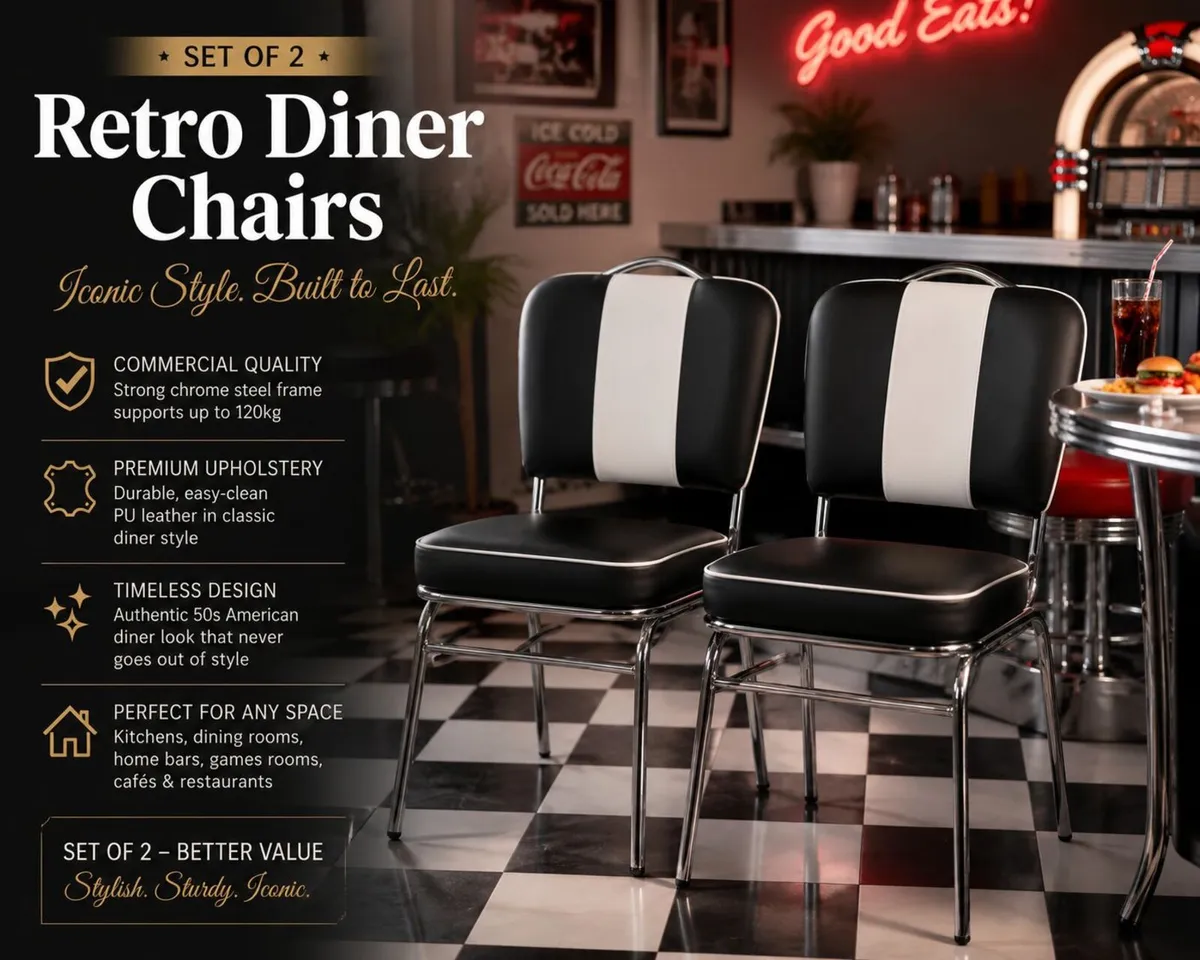 Set of 2 Retro American Diner Dining Chairs Black - Image 1