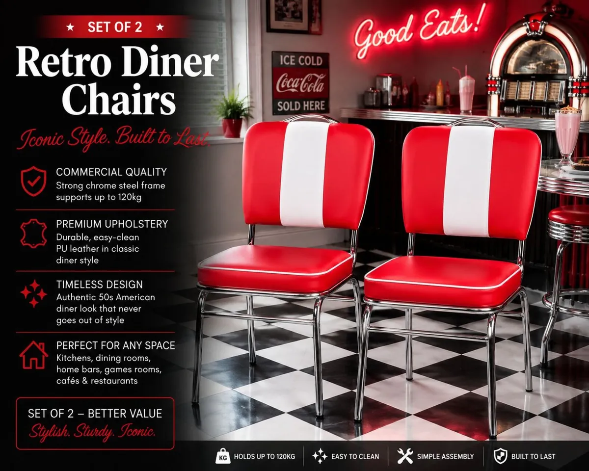 Set of 2 Retro American Diner Dining Chairs Black - Image 3