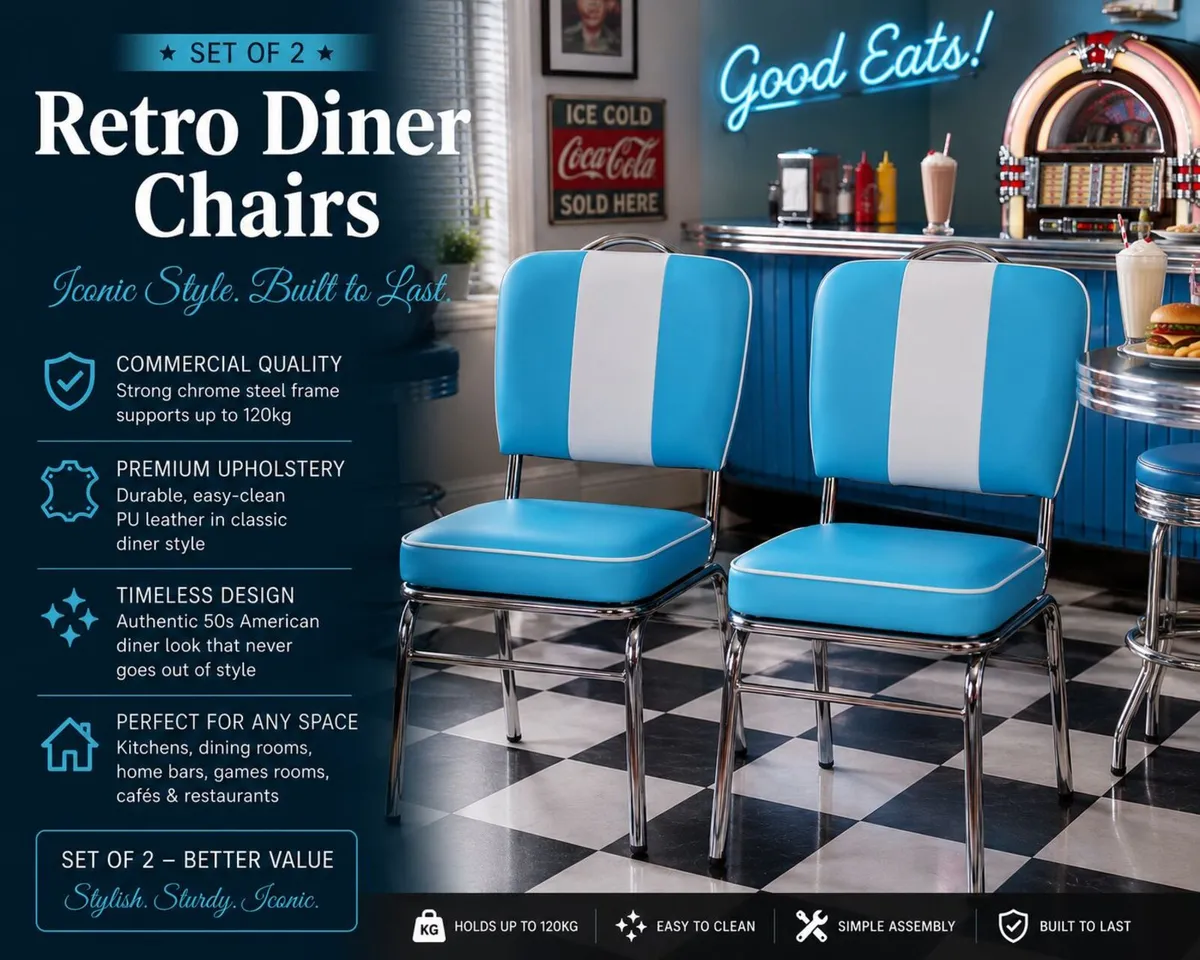 Set of 2 Retro American Diner Dining Chairs  Blue - Image 1