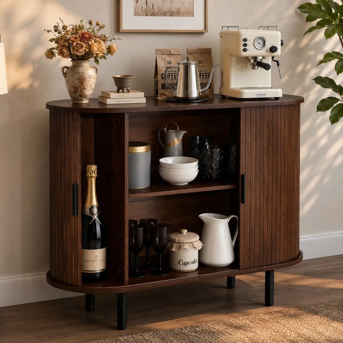 Coffee Bar Cabinet with 2 Sliding Doors Buffet Sta - Image 1