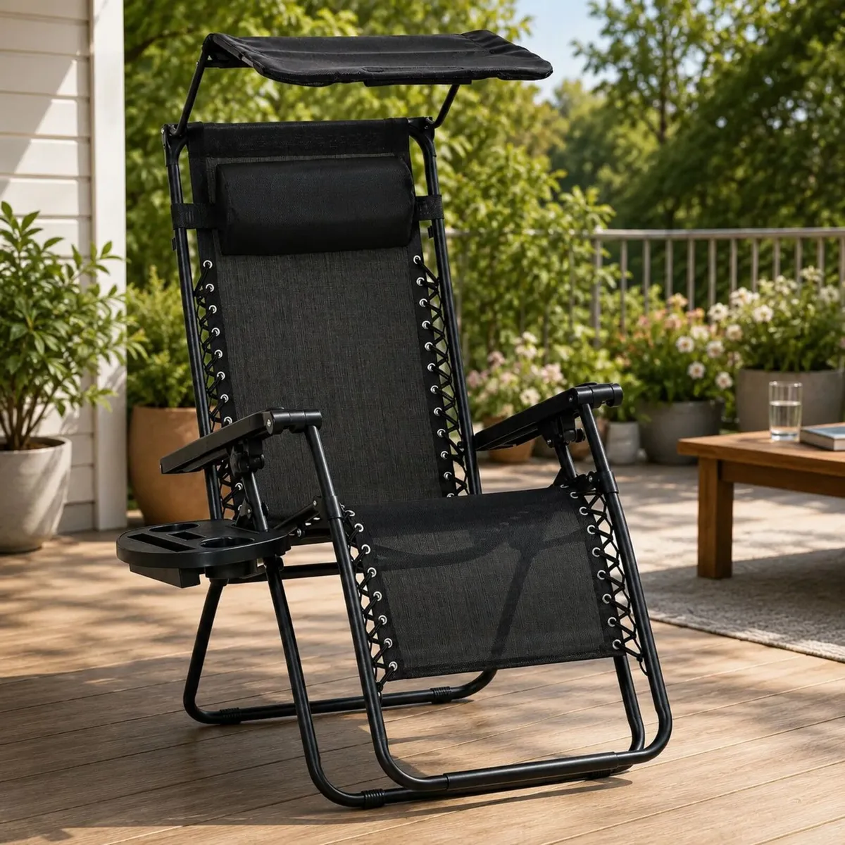 Folding Zero Gravity Sun Lounger, with Sun Canopy - Image 1
