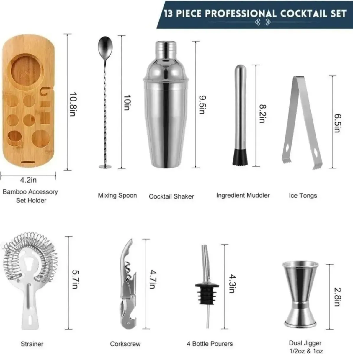 12pc Bartender Cocktail Shaker Set with Stand - Image 2