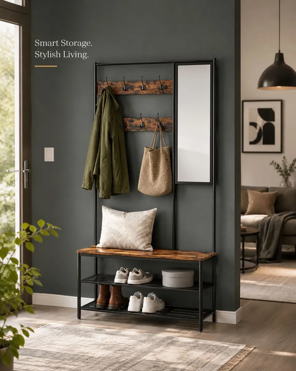 Industrial Coat Rack with Mirror Shoe Bench Hallwa - Image 1