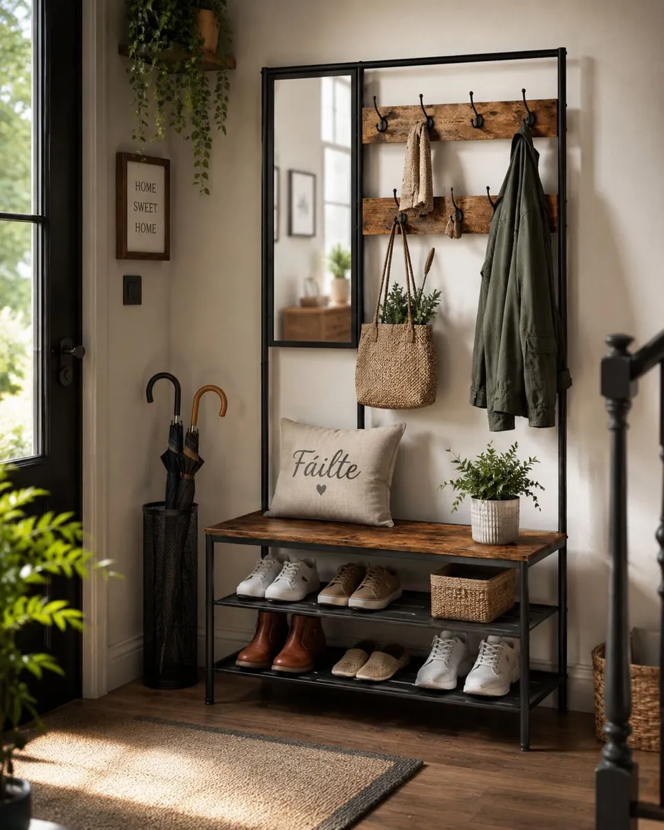 Industrial Coat Rack with Mirror Shoe Bench Hallwa - Image 2