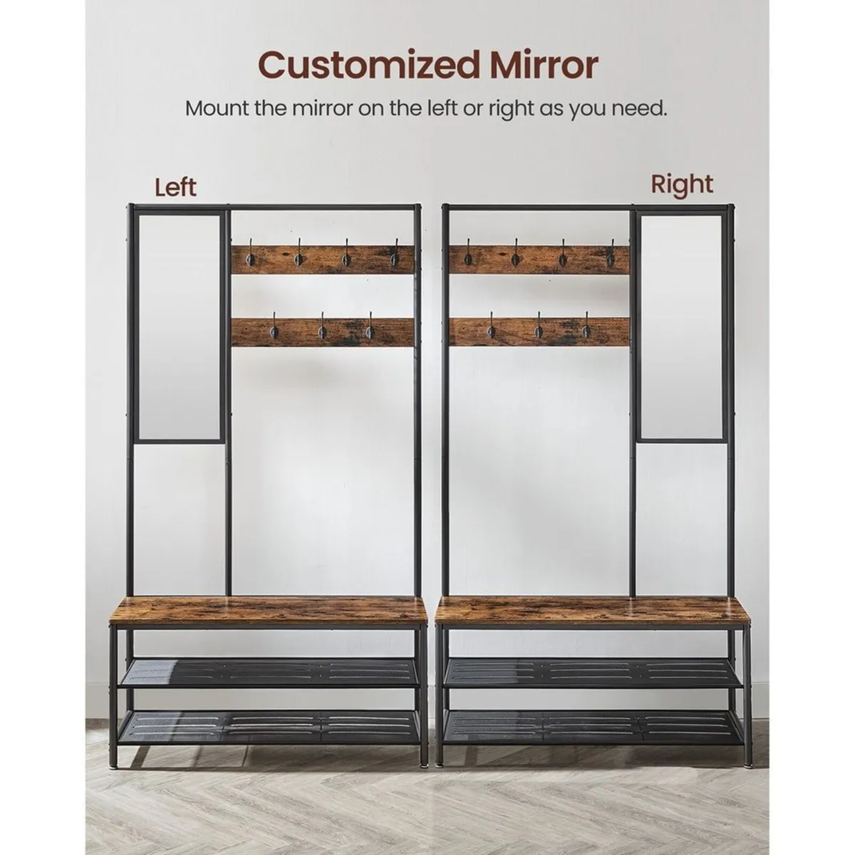 Industrial Coat Rack with Mirror Shoe Bench Hallwa - Image 4