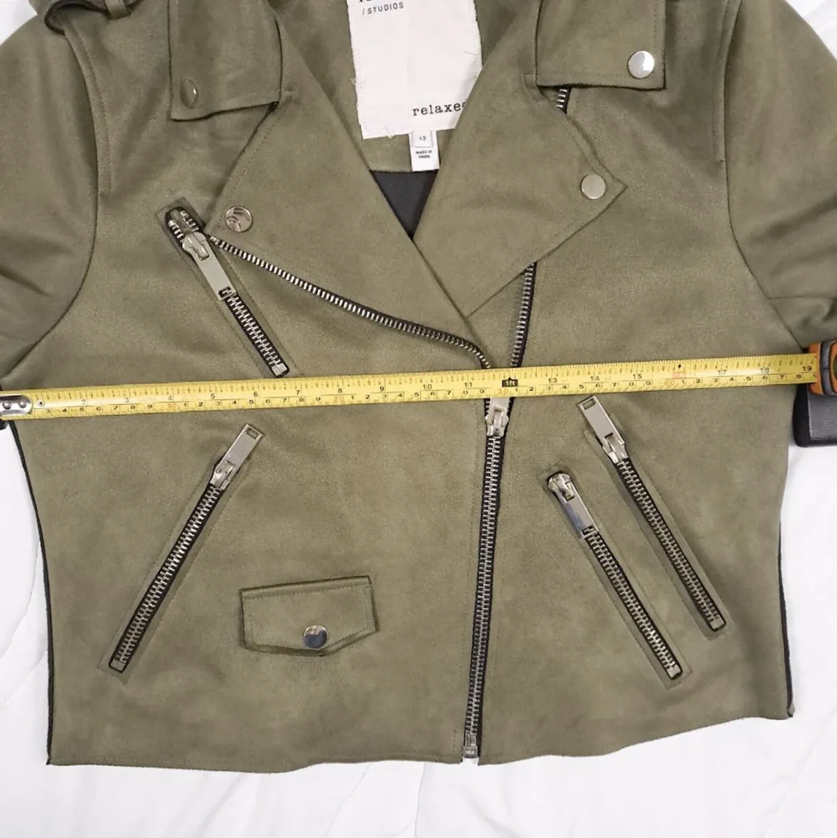 River Island Khaki Green Suede Biker Jacket 12UK - Image 3