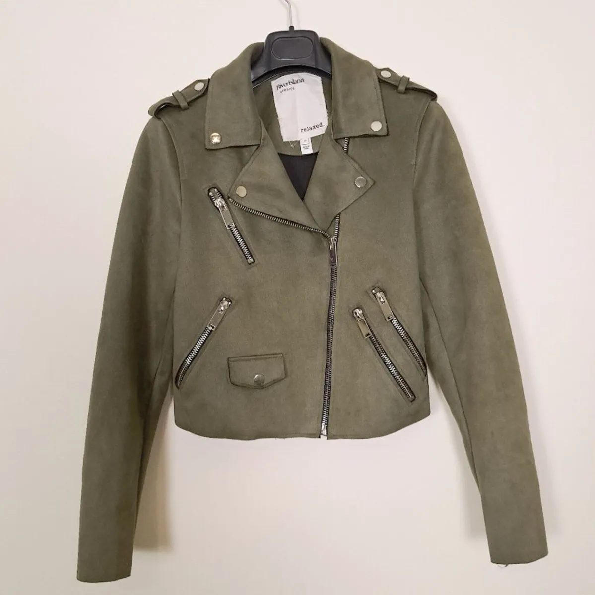 River Island Khaki Green Suede Biker Jacket 12UK - Image 1