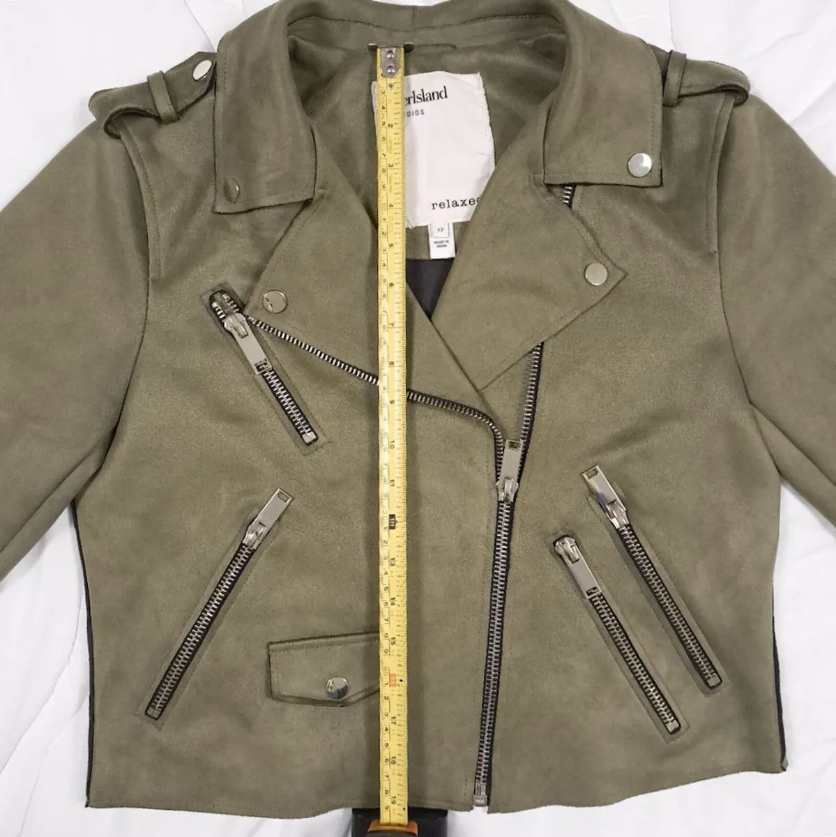 River Island Khaki Green Suede Biker Jacket 12UK - Image 4