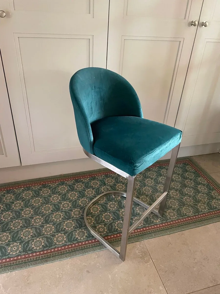 Set of 3 Teal Velvet Bar Stools - Image 2