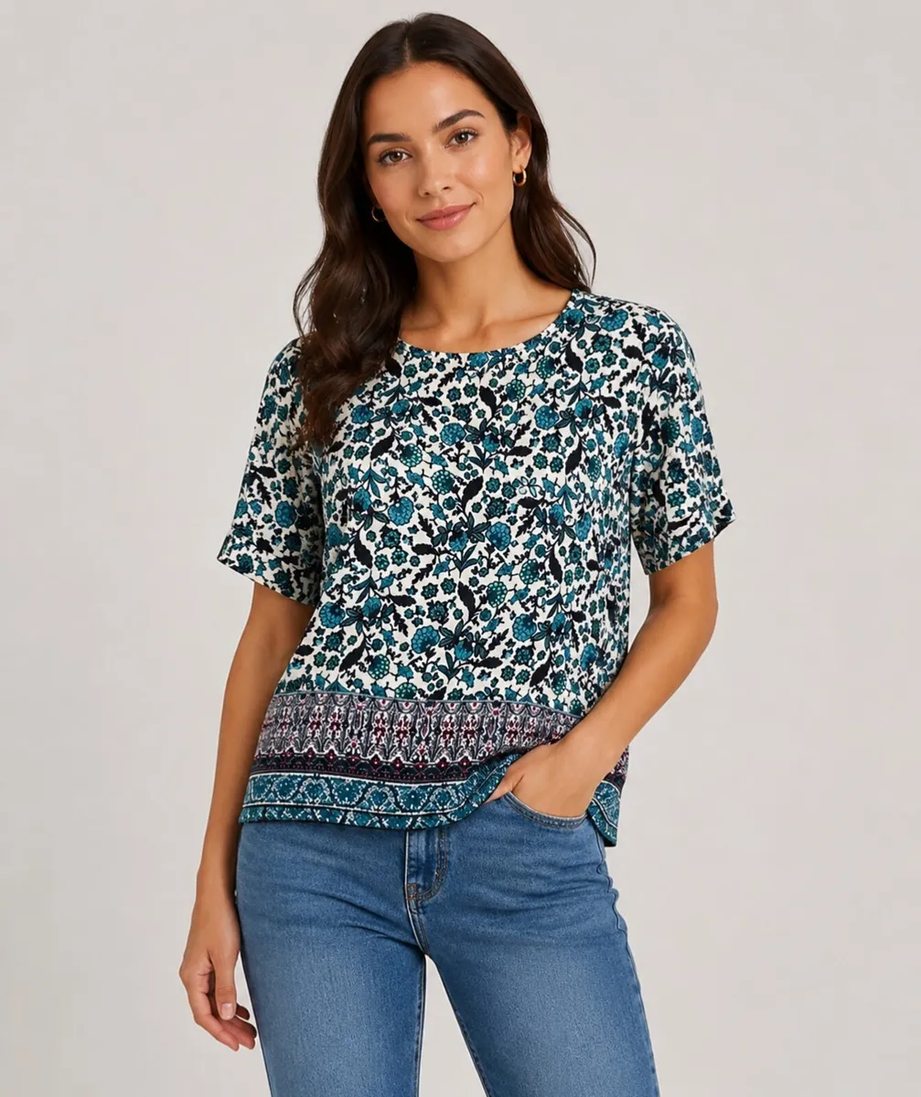 Green and Black Floral Top: Size 6 but suit size - Image 1