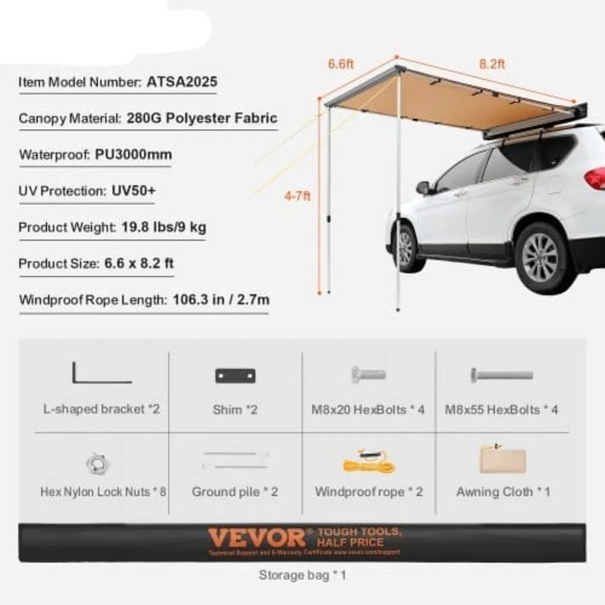 Car Side Awning, Large 6.6' x 8.2' Shade Coverage - Image 4