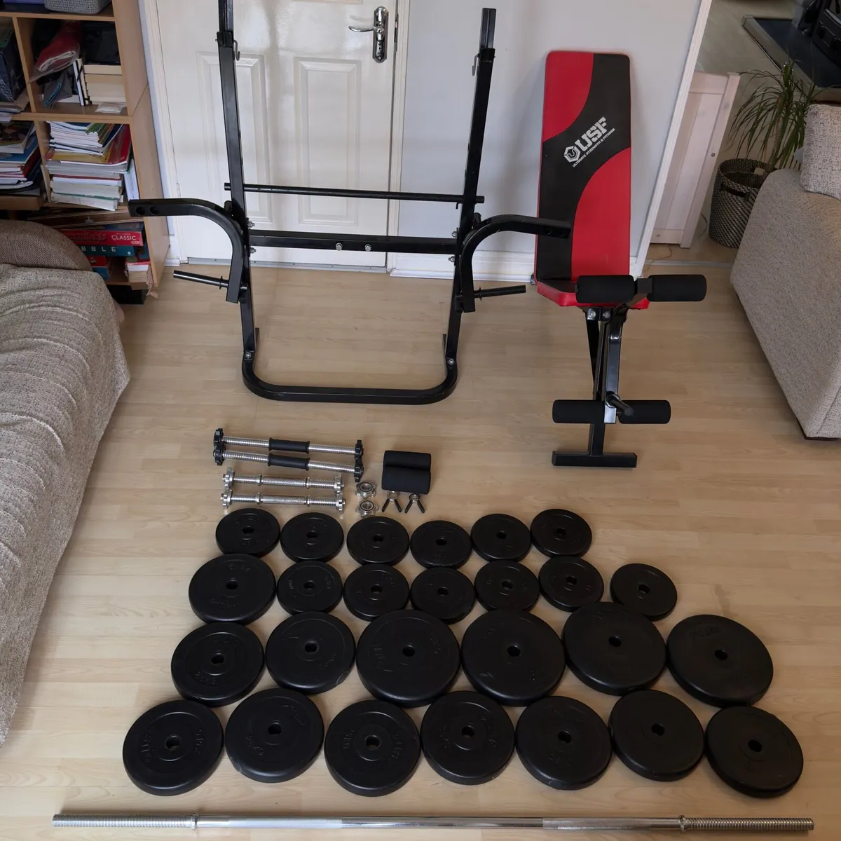 Home Gym Set- Bench, pull up/dip, 60kg weights+bar - Image 1