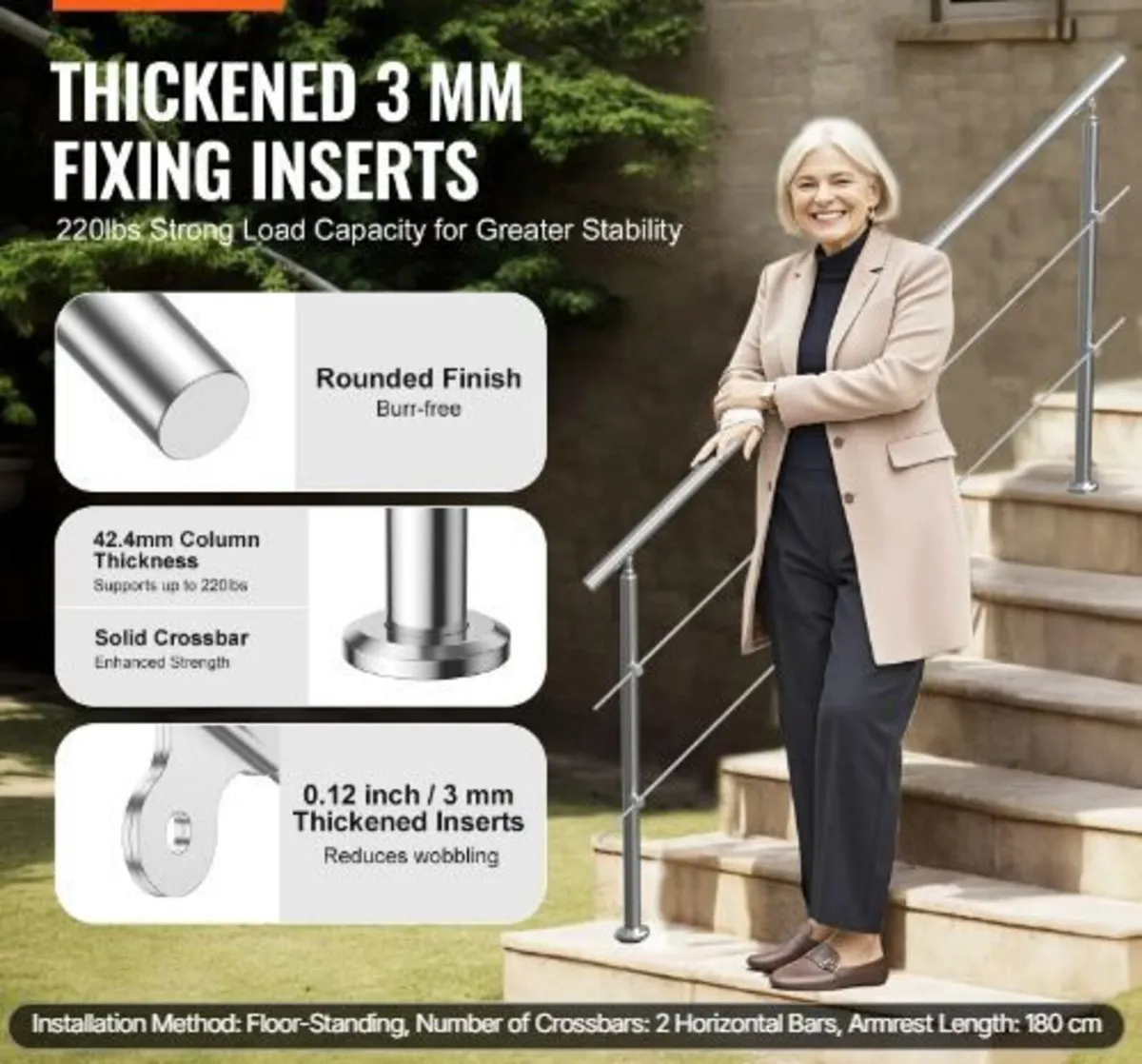 Handrails for Outdoor Steps 2 Crossbars - Image 3