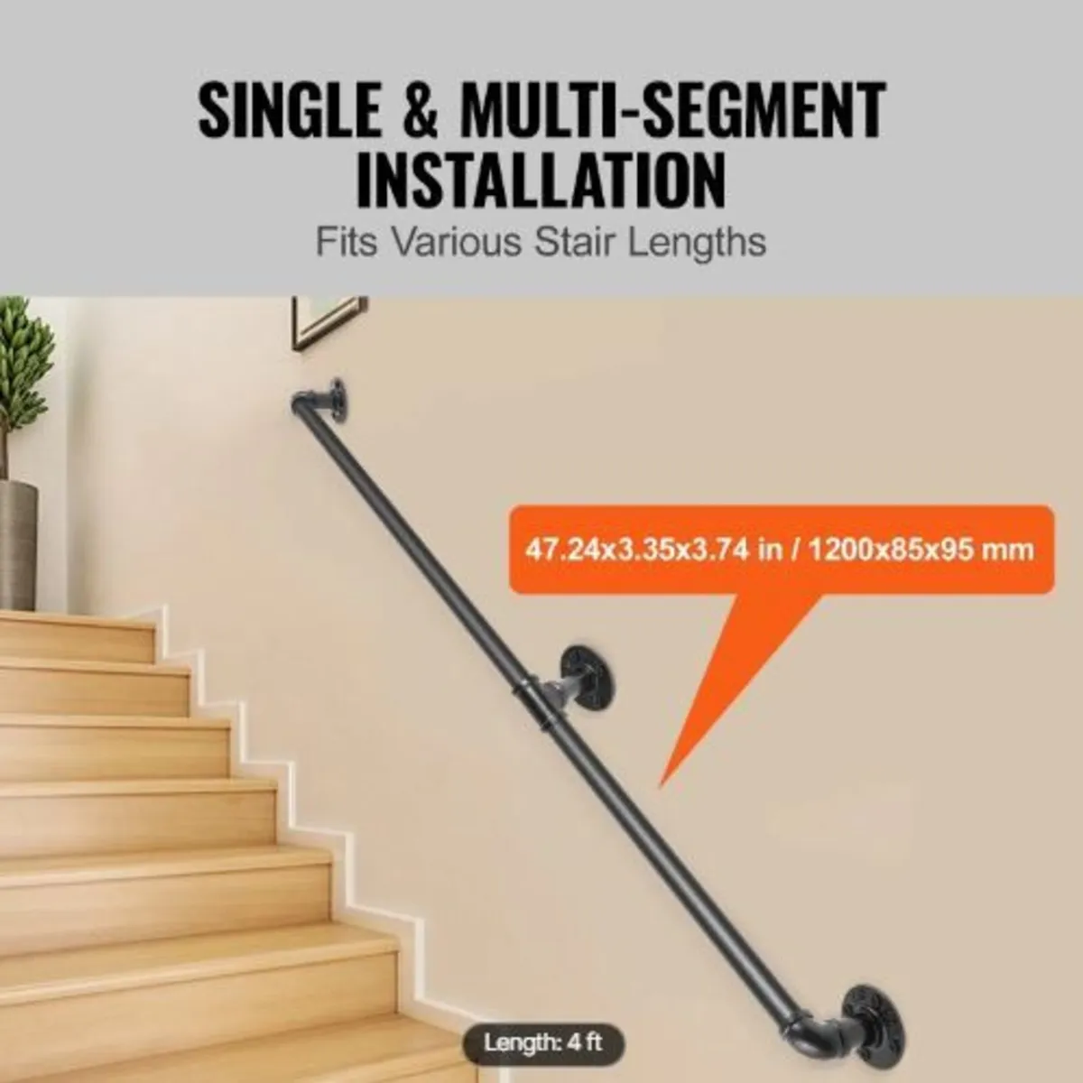 Pipe Stair Handrail, 121.9 cm Staircase Handrail - Image 3