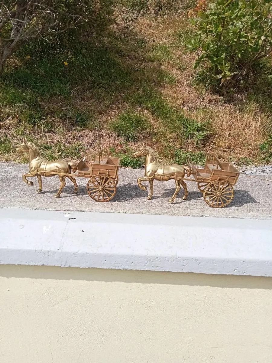 Pair of Ornamental Brass Horses and Cart - Image 1