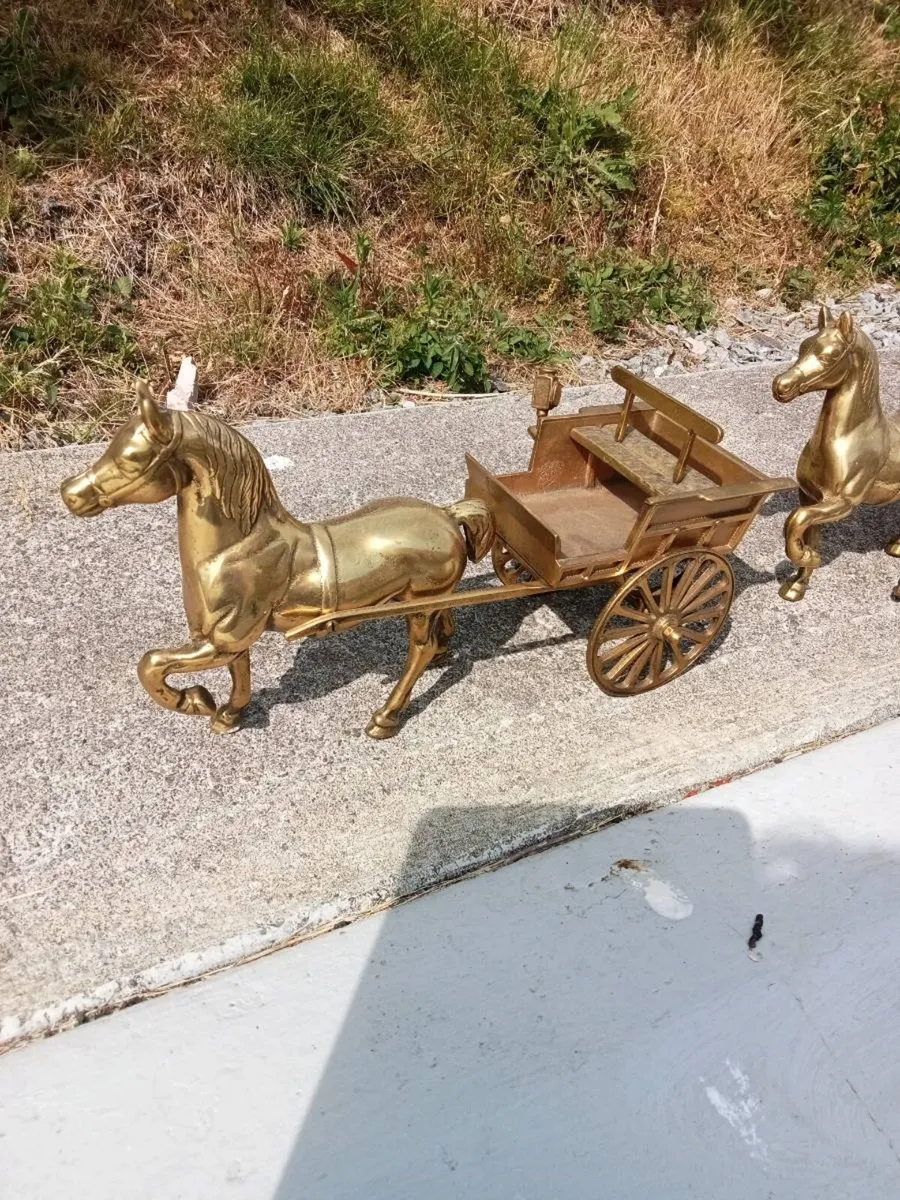 Pair of Ornamental Brass Horses and Cart - Image 2