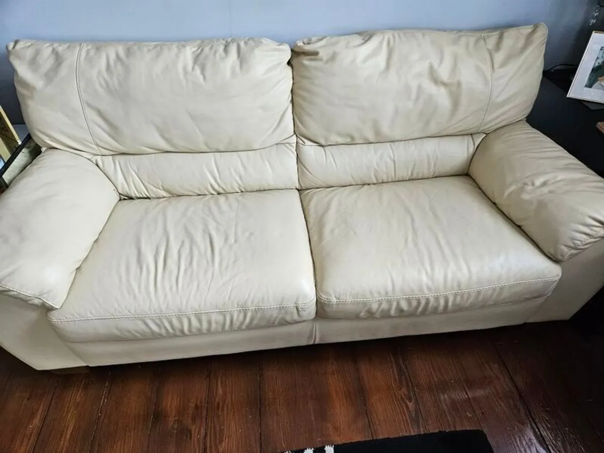 sofa cream real leather large two seater - Image 1