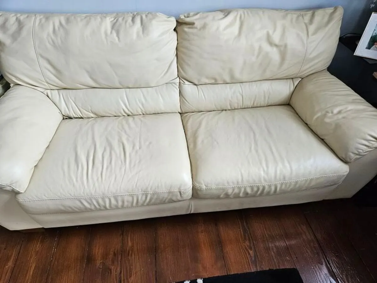 sofa cream real leather large two seater - Image 2