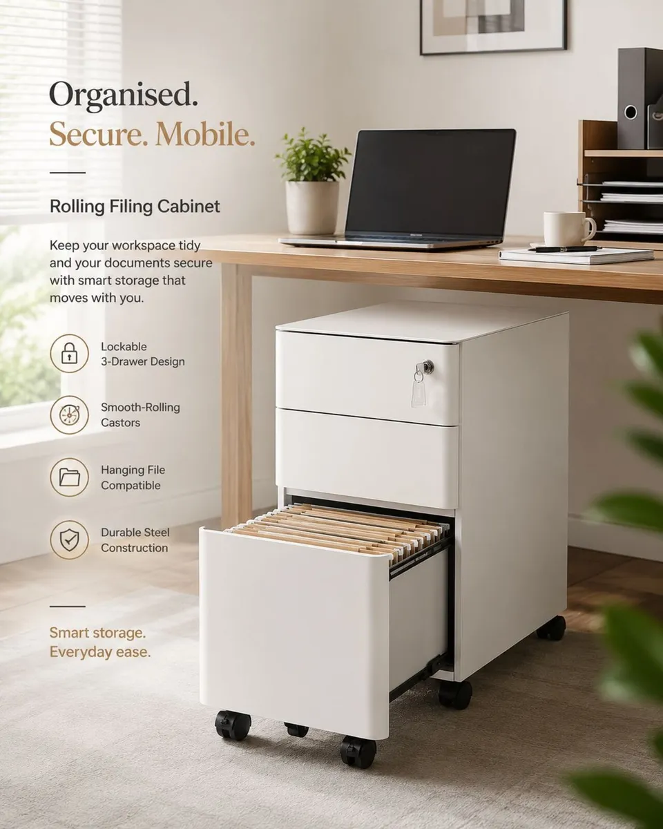 Rolling Filing Cabinet With Lock 3 Drawer Mobile O - Image 1