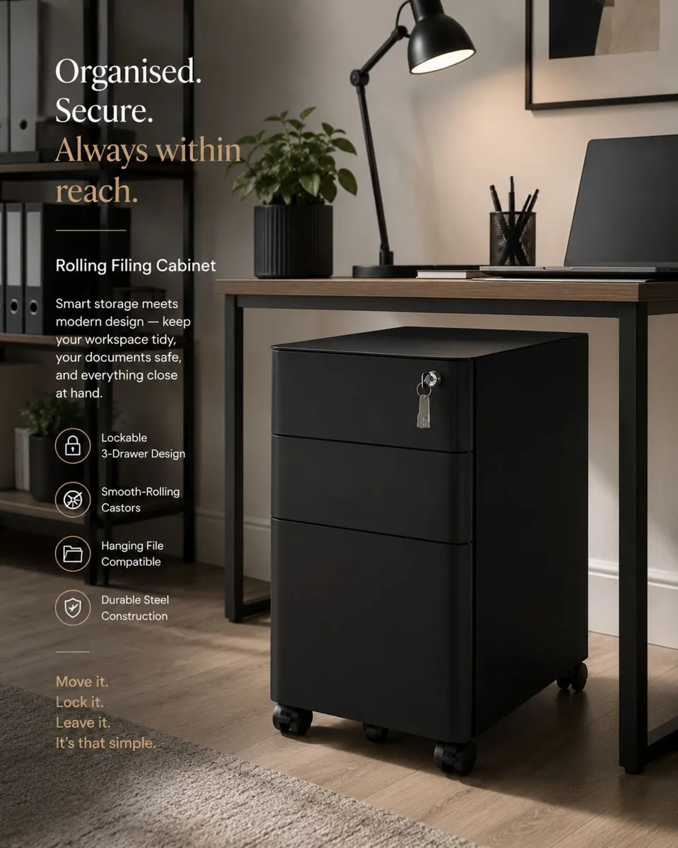 Rolling Filing Cabinet With Lock 3 Drawer Mobile O - Image 4