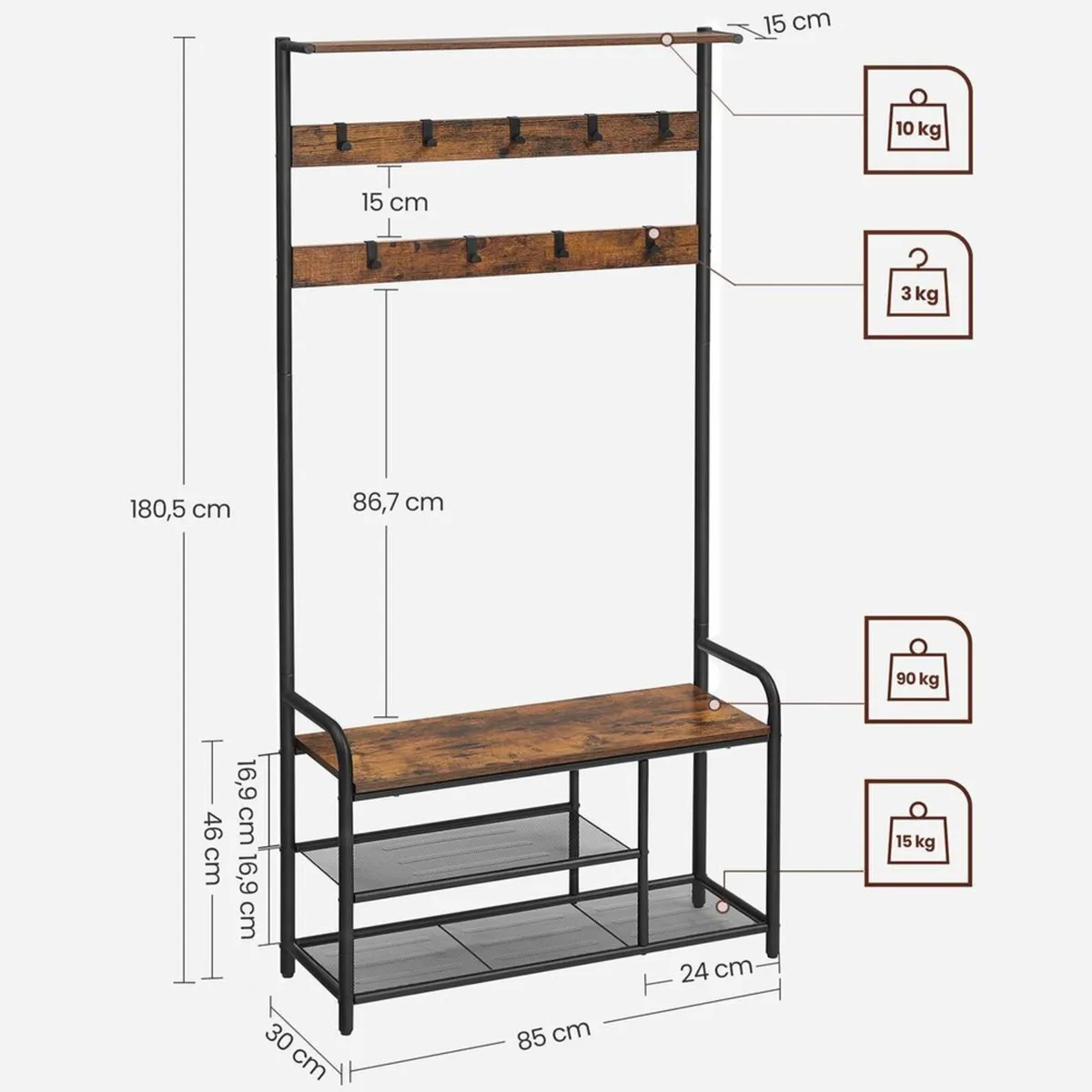 Hallway Coat Rack with Bench & Shoe Storage 9 Hook - Image 3