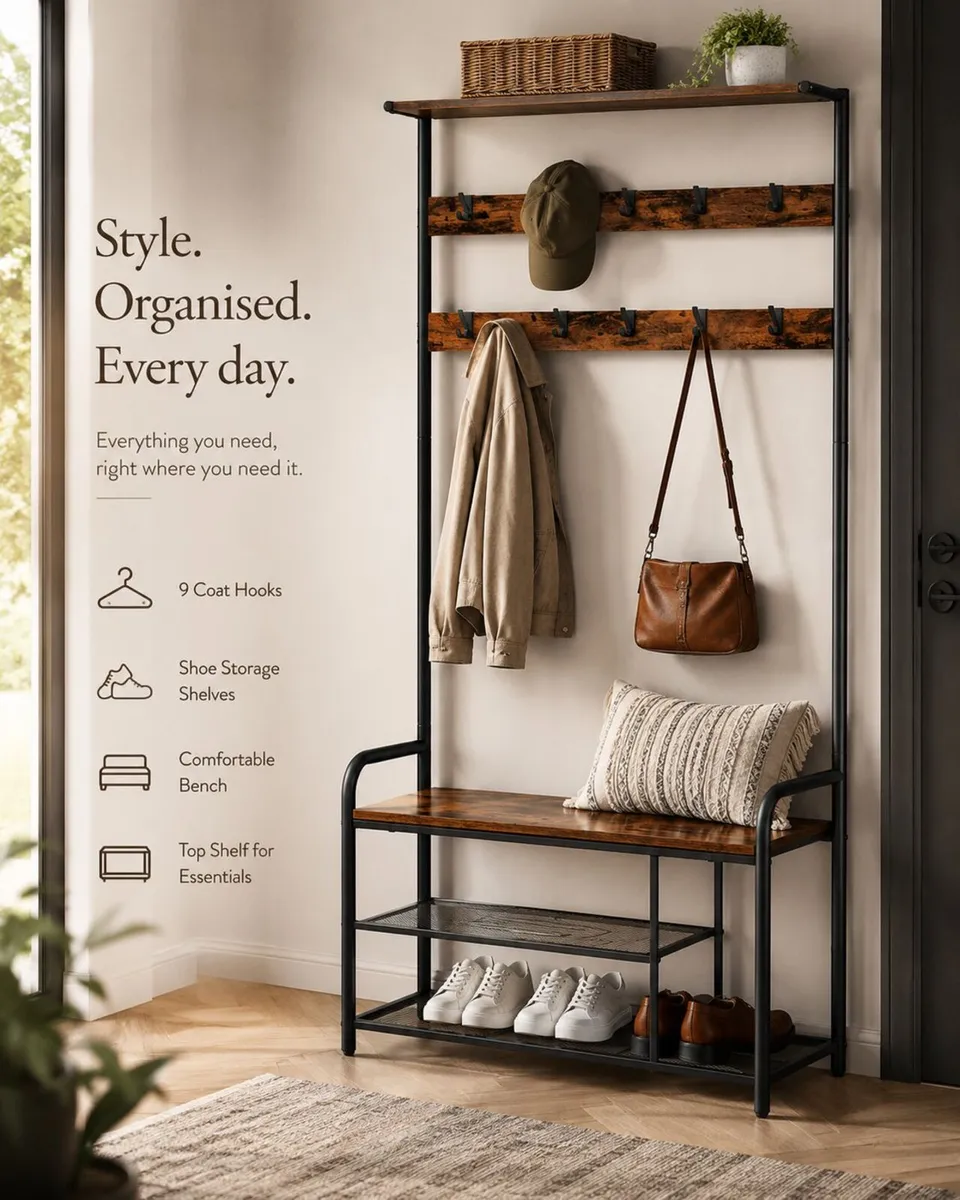 Hallway Coat Rack with Bench & Shoe Storage 9 Hook - Image 1