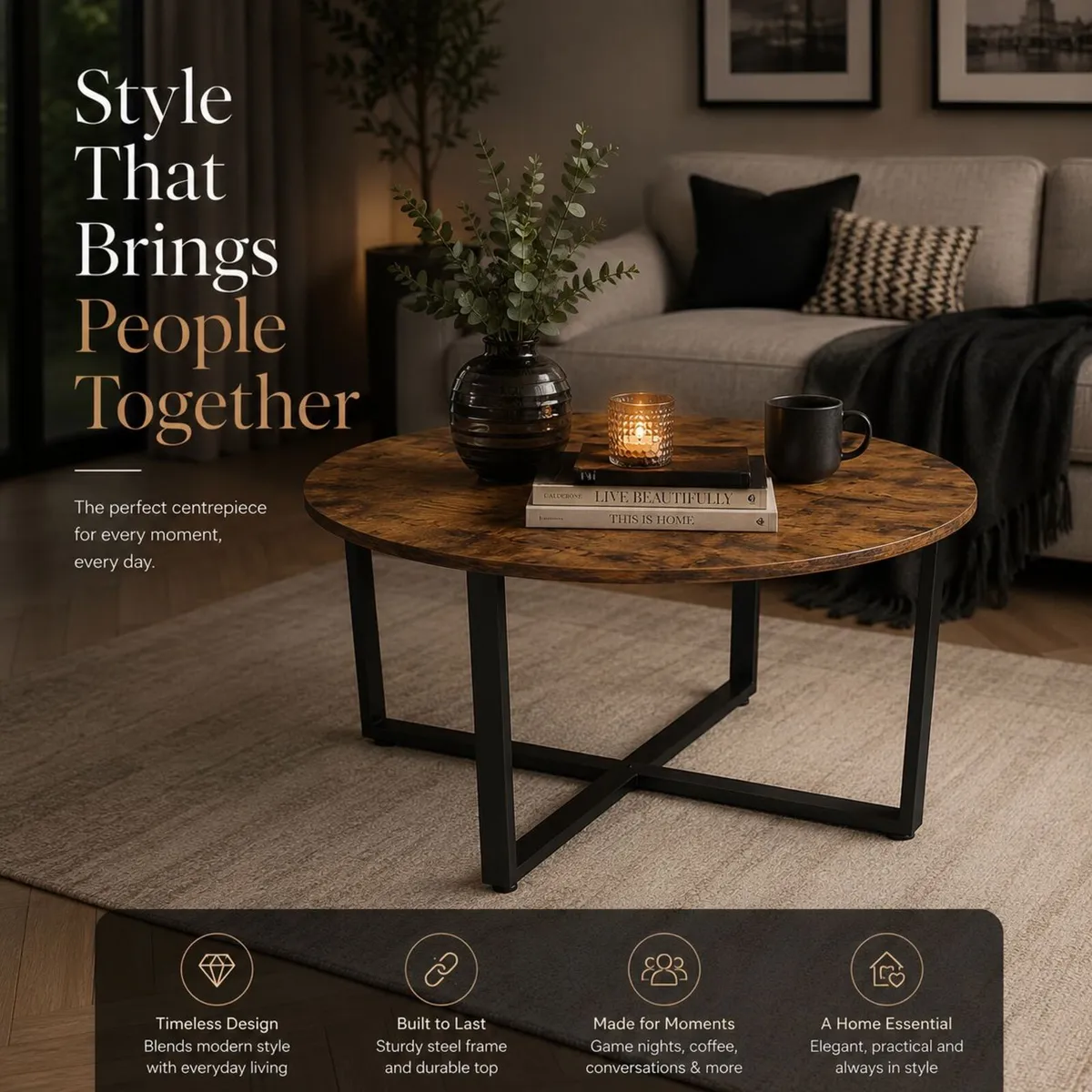 Round Coffee Table Industrial Living Room Table Ru - Image 1