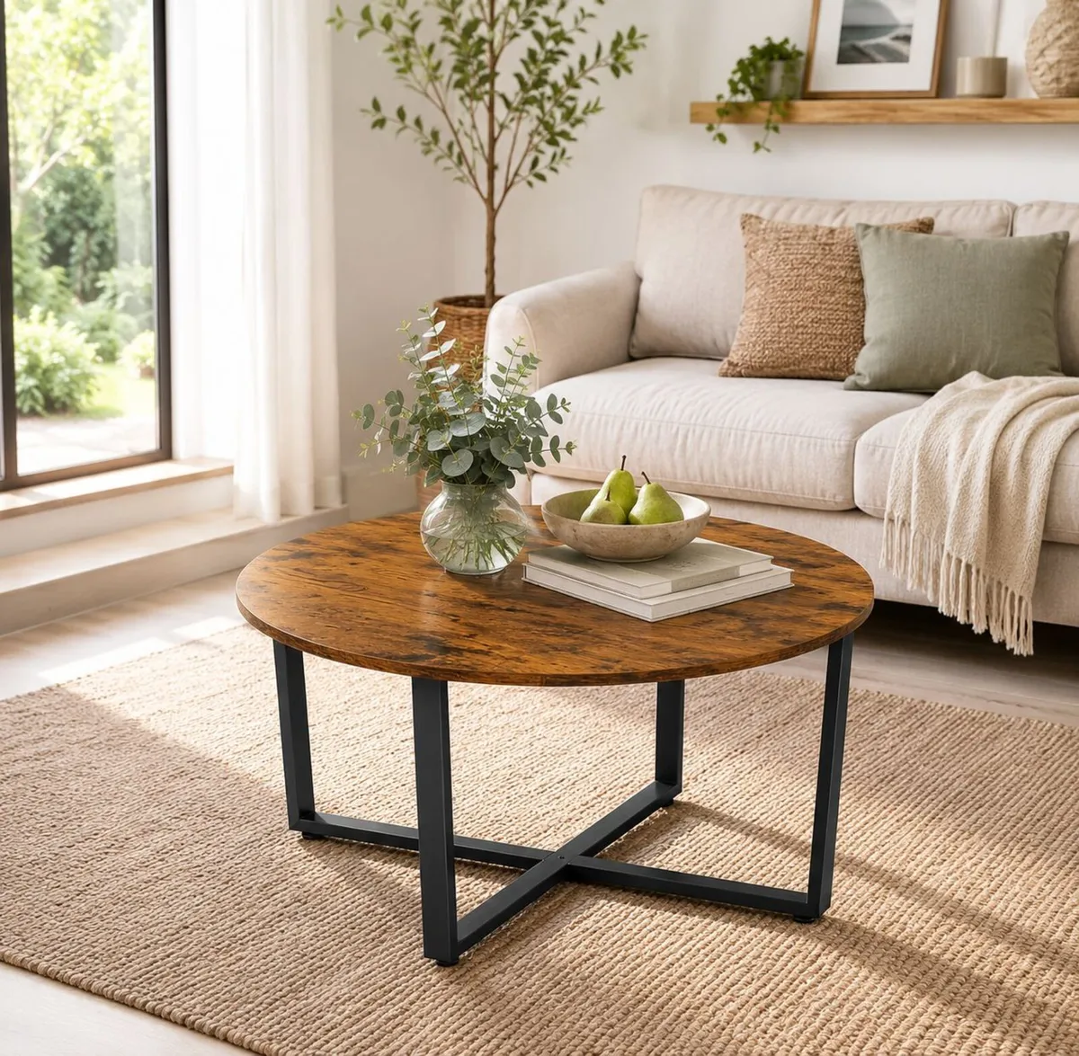 Round Coffee Table Industrial Living Room Table Ru - Image 2