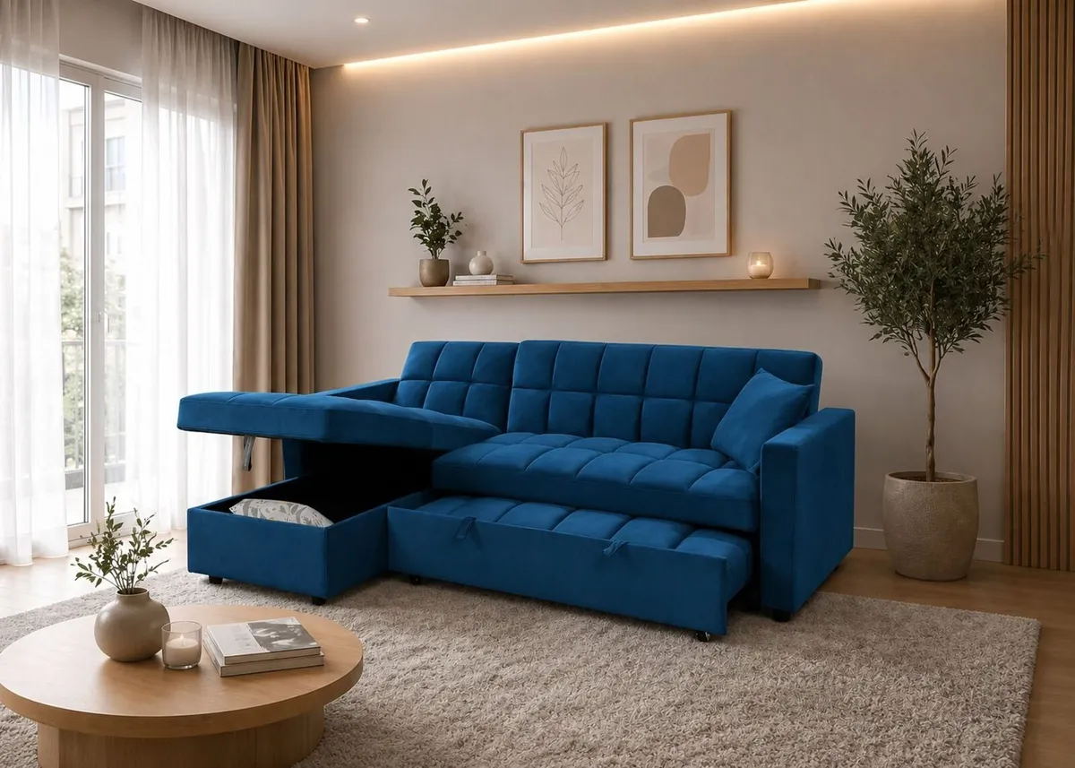 Kris Blue Sofa Bed, Reversible Chaise & Storage - Image 1