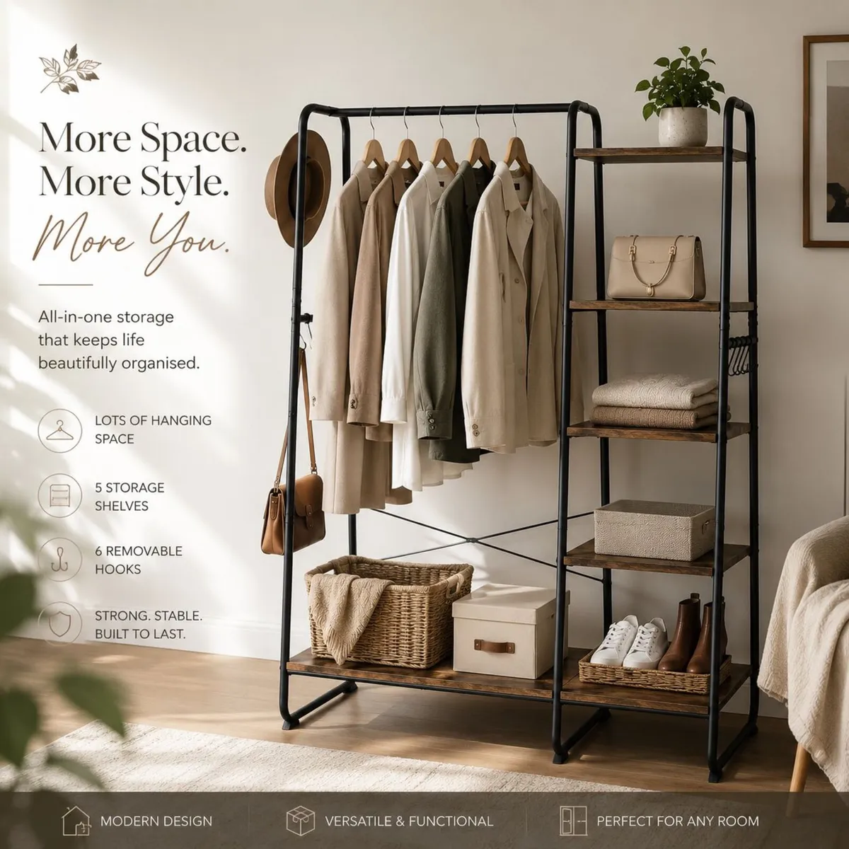 Clothes Rack with Shelves & Hooks – Open Wardrobe - Image 1