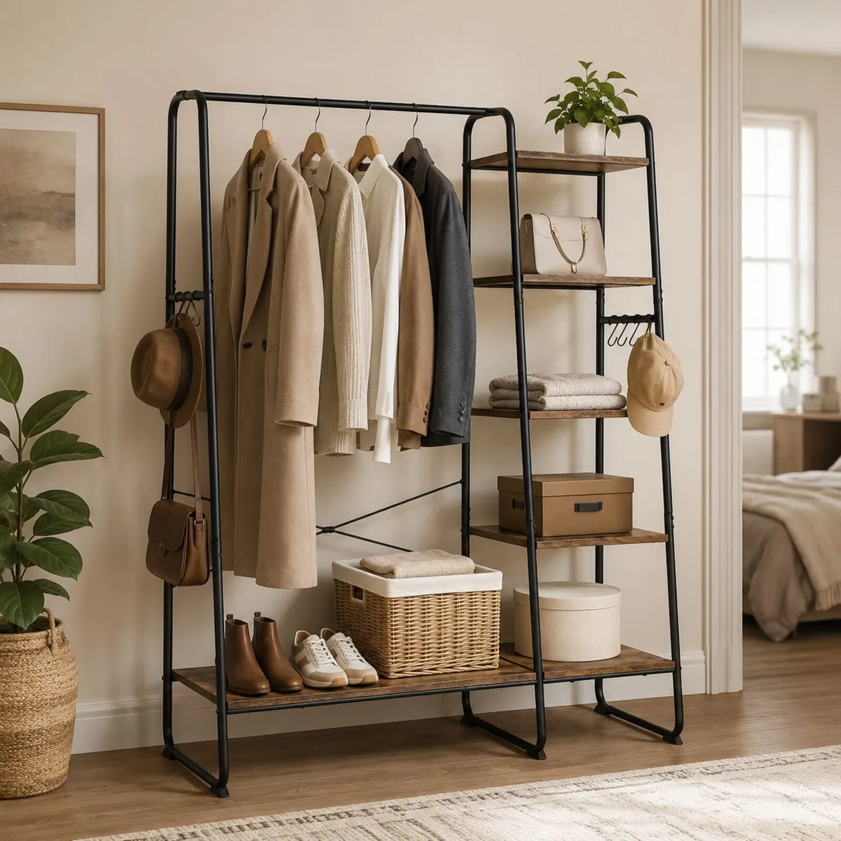 Clothes Rack with Shelves & Hooks – Open Wardrobe - Image 2