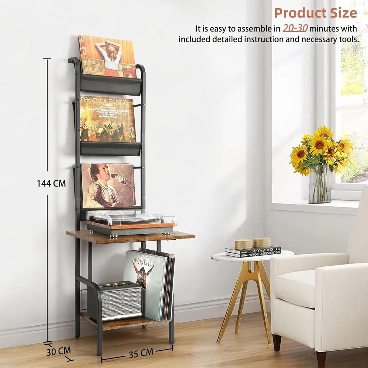 Retro Record Player Stand with Vinyl Display Large - Image 2