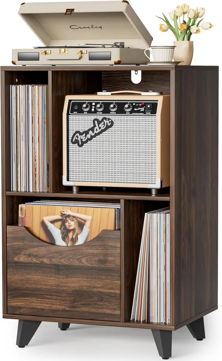Wooden Record Player Stand with Storage Drawer - Image 1